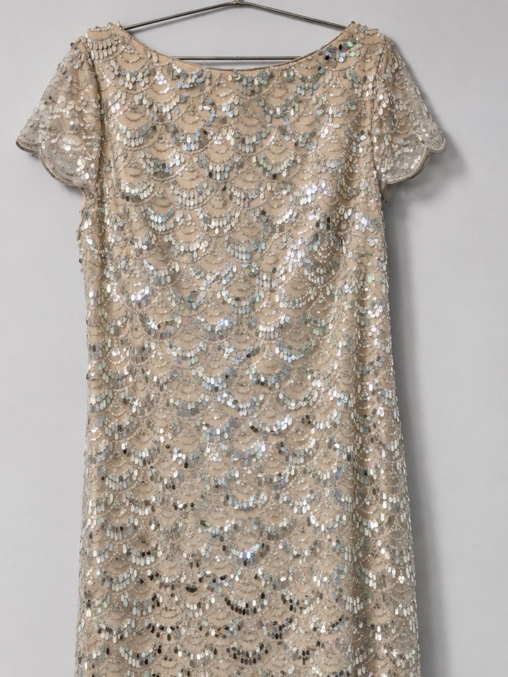 Brand New Champagne Silver Sequin Embellished Dress – Sheer Flutter Sleeves